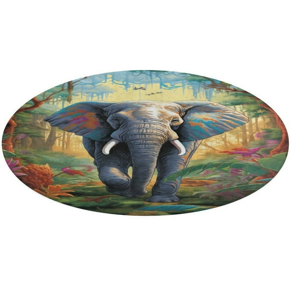 Colorful Elephant Flower Round Rugs -Washable Non-Slip Small Round Area Rug Throw Soft Circle Rugs for Bedroom, Modern Print Indoor Carpet for Entryway Sofa Living Room