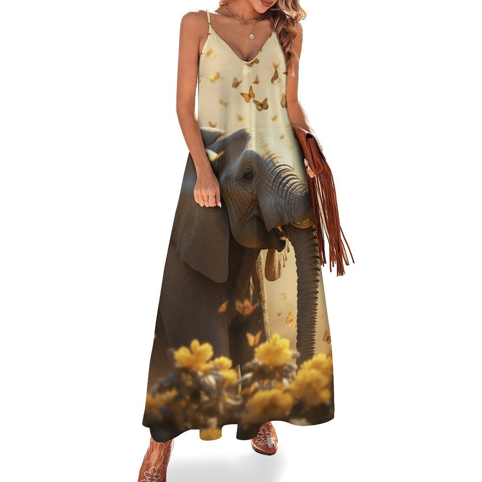 Colorful Elephant Flower Sleeveless Dress Woman Fashion Long Dresses ...