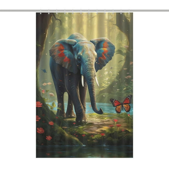 Colorful Elephant Flower Waterproof Polyester Quick-Drying Shower Curtain for Bathroom with 12 Hooks