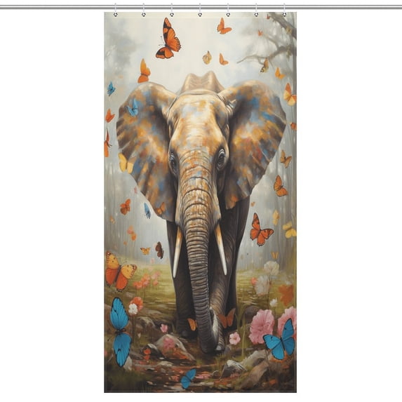 Colorful Elephant Flower Waterproof Polyester Quick-Drying Shower Curtain for Bathroom with 12 Hooks