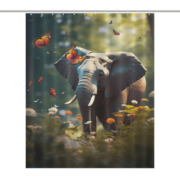Colorful Elephant Flower Waterproof Polyester Quick-Drying Shower Curtain for Bathroom with 12 Hooks