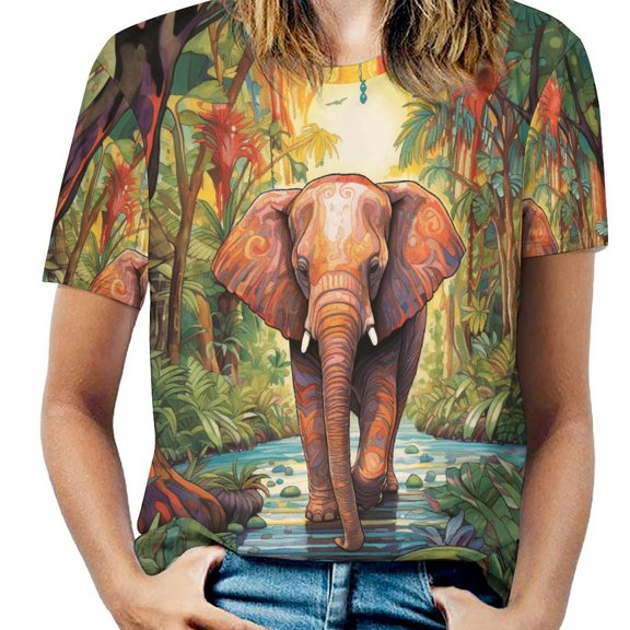 Colorful Elephant Flower Women's Short Sleeve Tops Casual Blouses T Shirt
