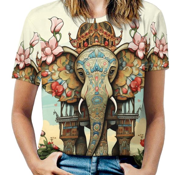 Colorful Elephant Flower Womens Tops Women's Fashion Casual Short Sleeve Flower Print Round Neck Pullover Top Blouse