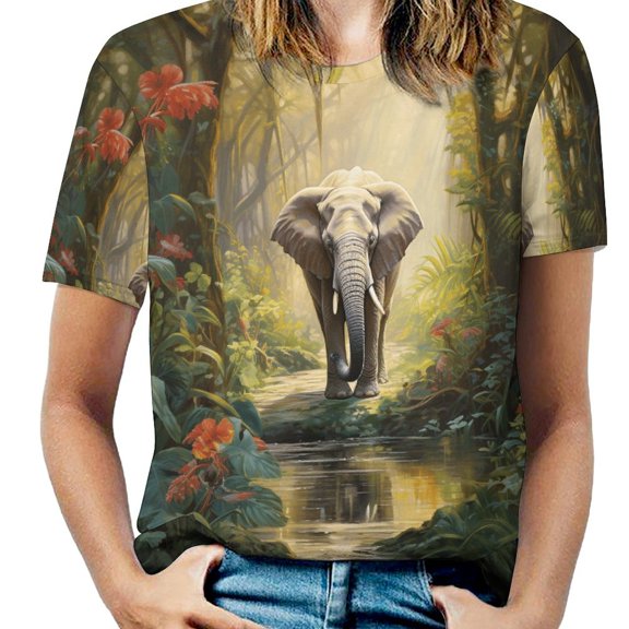 Colorful Elephant Flower Womens Tops Women's Fashion Casual Short Sleeve Flower Print Round Neck Pullover Top Blouse