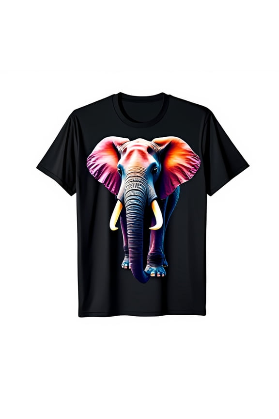 Colorful Elephant Graphic Black T-Shirt Vibrant Trunk Down Design