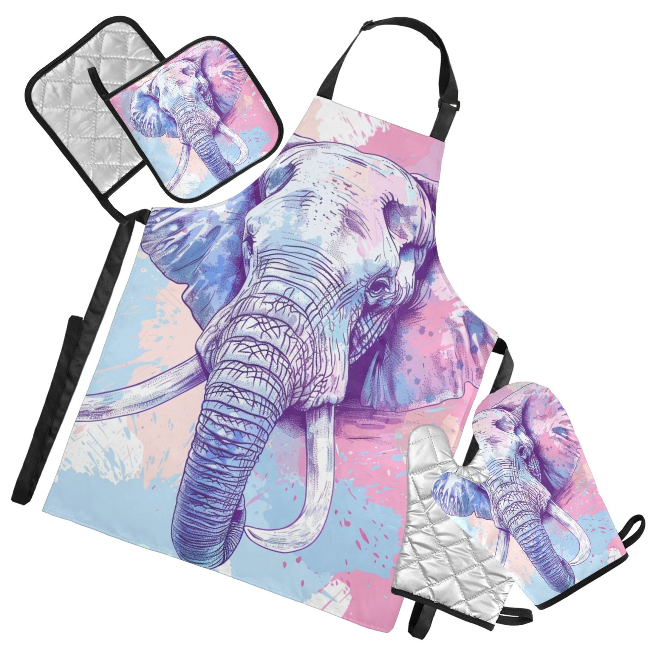 Colorful Elephant Head 5 Pcs Kitchen Set Heat Resistant Oven Mitts and Non-Slip Pot Holders with Adjustable Cooking Apron