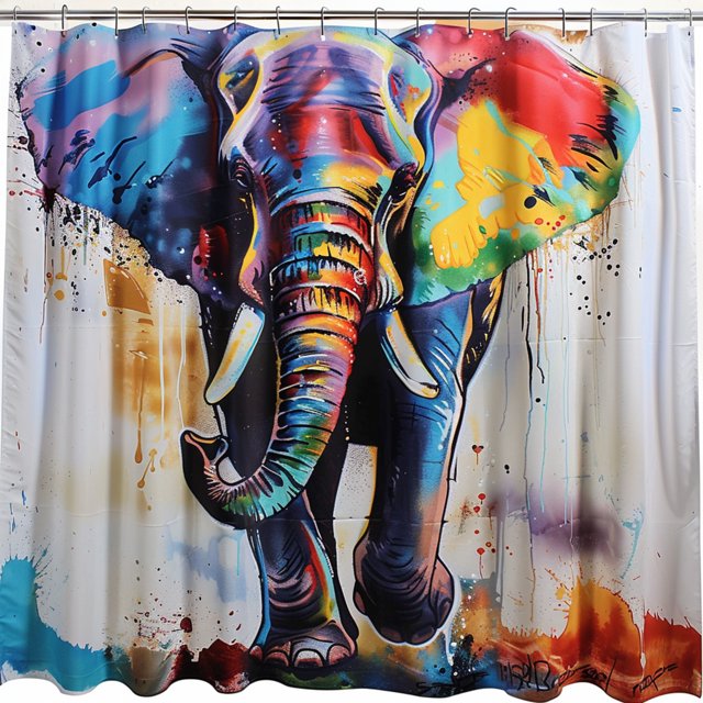Colorful Elephant Oil Painting Style Shower Curtain Bright Cartoon