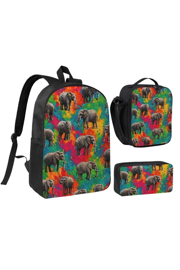 Colorful Elephant Safari Backpack Set 3pc Including Backpack, Lunch Bag and Pen Bag Combination