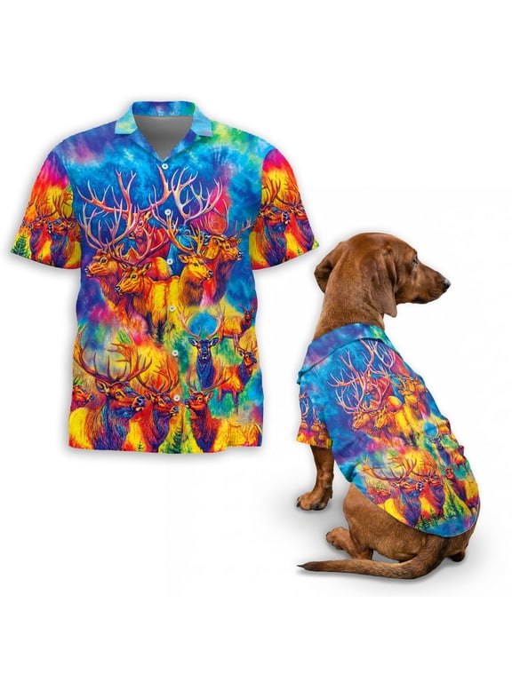 Colorful Elk Moose Hawaiian Shirt, Vibrant Deer Pattern Button Down Shirt for Adults or Dogs, Cuban Collar, Short Sleeve Polyester Summer Shirt