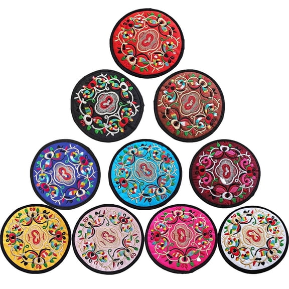 Colorful Embroidered Fabric Drink Coasters Set of 10, Duslogis Vintage Ethnic Floral Round Cup Coasters, Extra Thick 5.12 Inch Cloth Coasters for Coffee Bar, Home & Office Decor