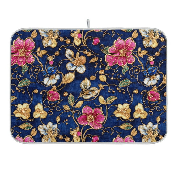 Colorful Embroidered Flower Dish Drying Mat 16x18 Absorbent Microfiber Draining Rack Pad for Kitchen Counter Sink