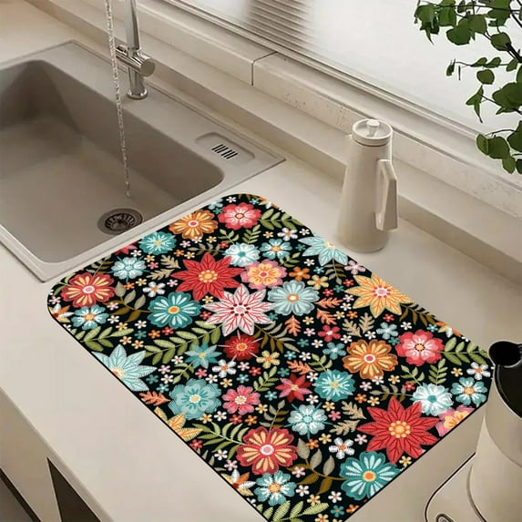 Colorful Embroidery Flowers Dish Drying Mats Super Absorbent Dish Drainer Rack Pad Non-Slip Drying Mat for Kitchen Counter, 24"x16"