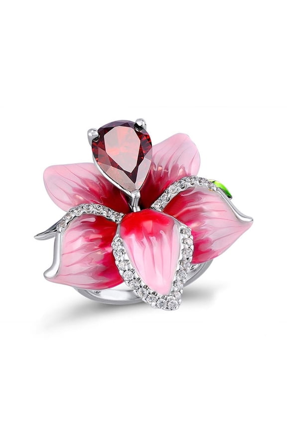 Colorful Enamel Flower Ring for Women,Platinum Plated Resin Floral Cocktail Party Statement Ring Jewelry Gift for Her