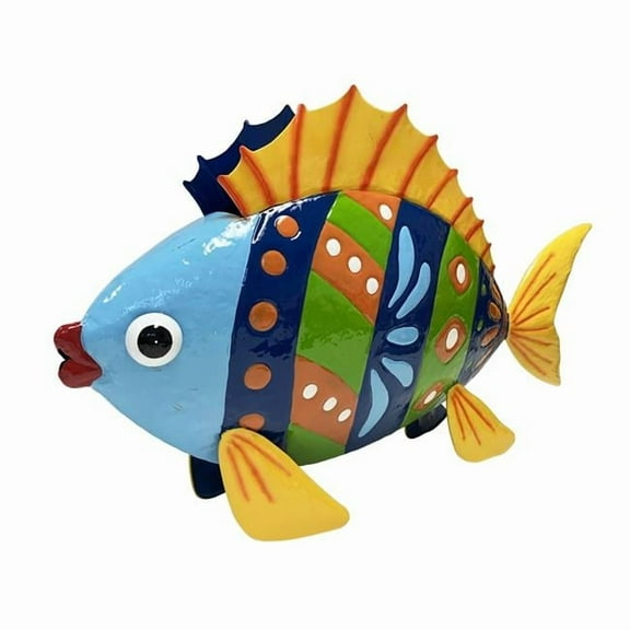Colorful Enameled Metal Fish Planter - Blue & Yellow