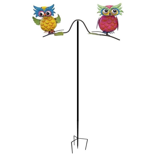 Colorful Enameled Metal Double Owl Balancing Garden Stake