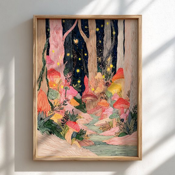 Colorful Enchanted Mushroom Forest Poster Whimsical Night Woodland Fantasy Wall Art 8x12 UNFRAMED