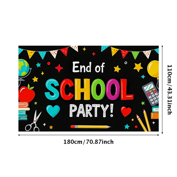 Colorful End of School Party Banner with School Supplies Elements Party Decorations Backdrop for Classroom Celebrations Photo Props Graduation Events