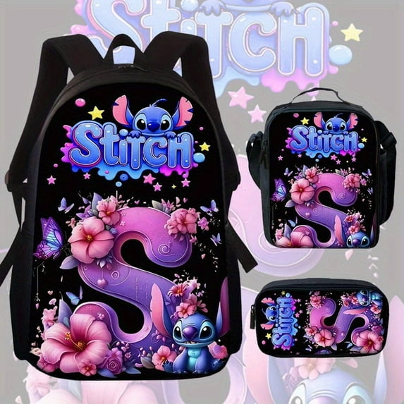 Colorful English letters Stitch Backpack - letters Backpack, Lunch Bag, Pencil Case, 3 pc, For Daily Commuting, Large Capacity, Shoulder Protection, Reduced load