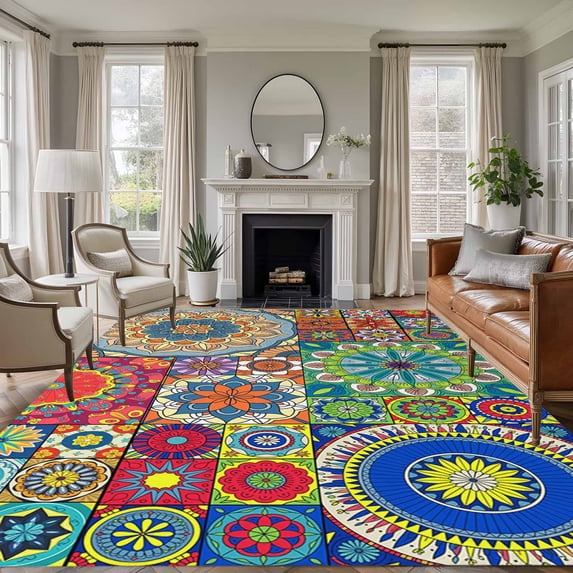 Colorful Ethnic Area Rugs 8'x10', Washable Small Throw Rugs for Living Room Patio, National Modern Geometric Blue Green Indoor Outdoor Rug Non-Slip Low Pile Carpet Runner Reversible Floor Mats