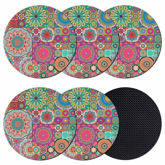 Colorful Ethnic Coasters Set of 6, Absorbent Coasters for Drinks, National Modern Geometric Red Green Coaster for Desk Coffee Table Protection, Home Decor House Warming Gifts 4"