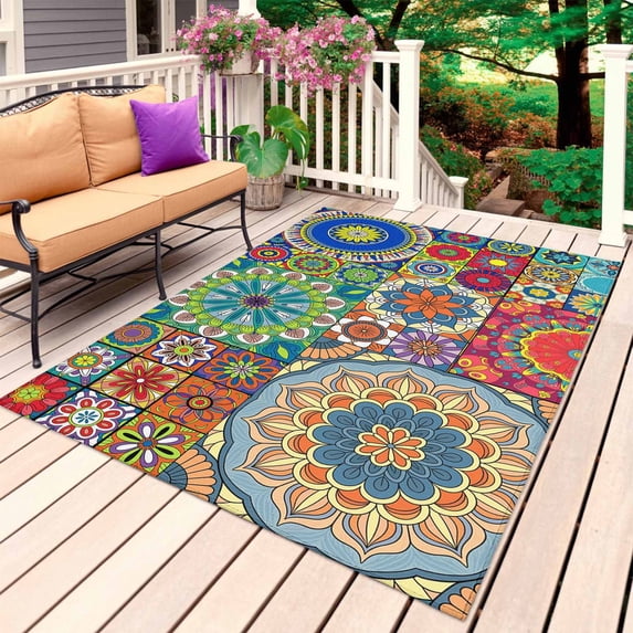 Colorful Ethnic Outdoor Rug 6x9 Ft, Non Slip Washable Area Rug, National Modern Geometric Blue Green Patio Rugs Carpet Runner, Large Floor Mat for Indoor/Outdoor Deck Porch Camping