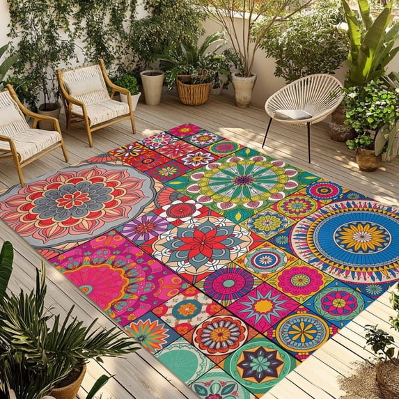 Colorful Ethnic Outdoor Rug 6x9 Ft - Reversible Patio Rug Outdoor Camping Rugs, Modern Abstract National Geometric Red Washable Indoor Outdoor Area Rugs, Non-Slip Outdoor Carpet Runner for Deck/Porch