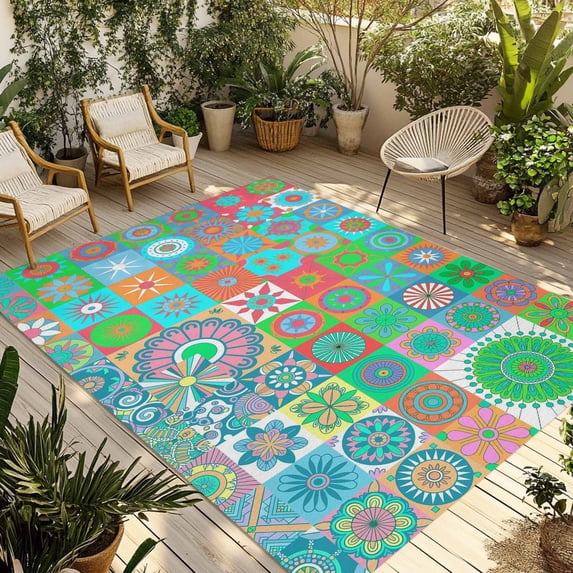 Colorful Ethnic Outdoor Rug for Patio/Deck/Porch, Non-Slip Large Area Rug 4 x 6 Ft, Modern Abstract National Geometric Teal Indoor Outdoor Rugs Washable Area Rugs, Camping Rug Carpet Runner