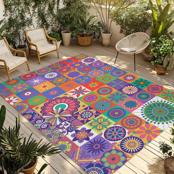 Colorful Ethnic Outdoor Rug for Patio/Deck/Porch, Non-Slip Large Area Rug 5 x 8 Ft, Modern Abstract National Geometric Purple Indoor Outdoor Rugs Washable Area Rugs, Camping Rug Carpet Runner