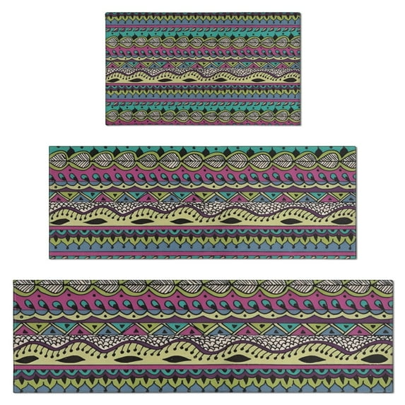 Colorful Ethnic Pattern Kitchen Rugs Sets Of 3,Kitchen Runner Rugs Non Skid Washable,Decorative Kitchen Floor Mats for Kitchen,Sink,Laundry,17"x30"+ 17"x47" + 17"x59"