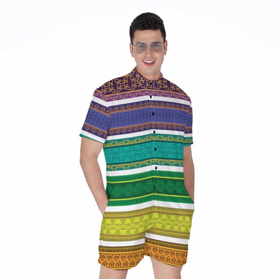 Colorful Ethnic Pattern Short Sleeve Men'S Rompers, Ethnic Casual Summer Jumpsuits Outfit
