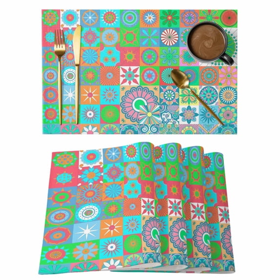 Colorful Ethnic Placemats Set of 12, Modern Abstract National Geometric Teal Placemats for Dining Table, Place Mats for Kitchen Tabletop, Waterproof Wipeable Dining Table Mats Set