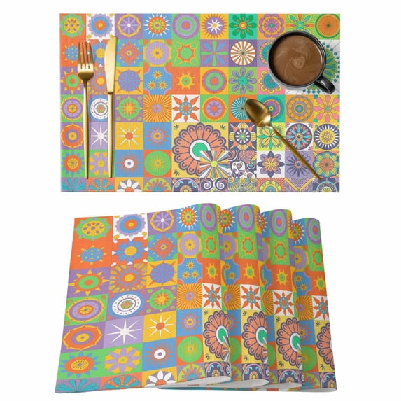 Colorful Ethnic Placemats Set of 4, Modern Abstract National Geometric Green Placemats for Dining Table, Place Mats for Kitchen Tabletop, Waterproof Wipeable Dining Table Mats Set