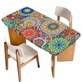 thumbnail image 1 of Colorful Ethnic Table Cloths for 4 Foot Rectangle Tables, National Modern Geometric Blue Green Patio Waterproof Elastic Fitted Tablecloths, Washable Rectangular Table Cover for Camping, 1 of 8