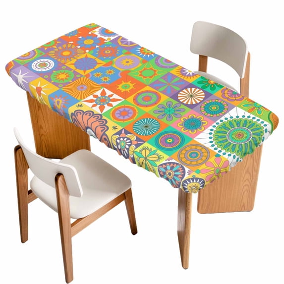 Colorful Ethnic Table Cloths for 5 Foot Rectangle Tables, Modern Abstract National Geometric Green Patio Waterproof Elastic Fitted Tablecloths, Washable Rectangular Table Cover for Camping