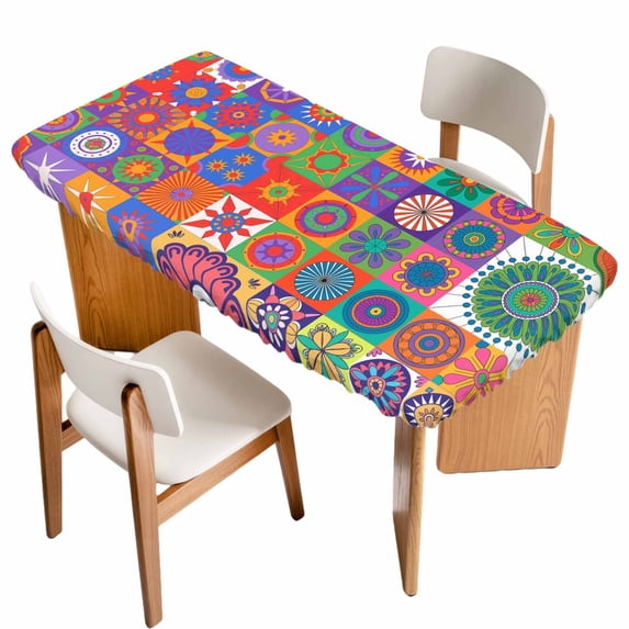 Colorful Ethnic Table Cloths for 5 Foot Rectangle Tables, Modern Abstract National Geometric Purple Patio Waterproof Elastic Fitted Tablecloths, Washable Rectangular Table Cover for Camping
