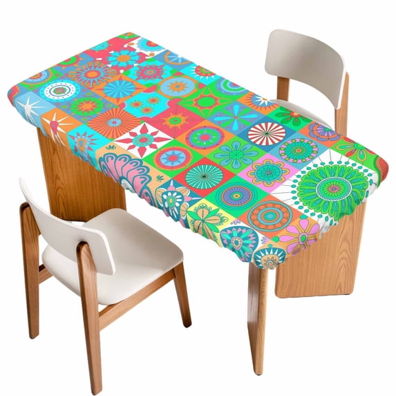 Colorful Ethnic Table Cloths for 5 Foot Rectangle Tables, Modern Abstract National Geometric Teal Patio Waterproof Elastic Fitted Tablecloths, Washable Rectangular Table Cover for Camping
