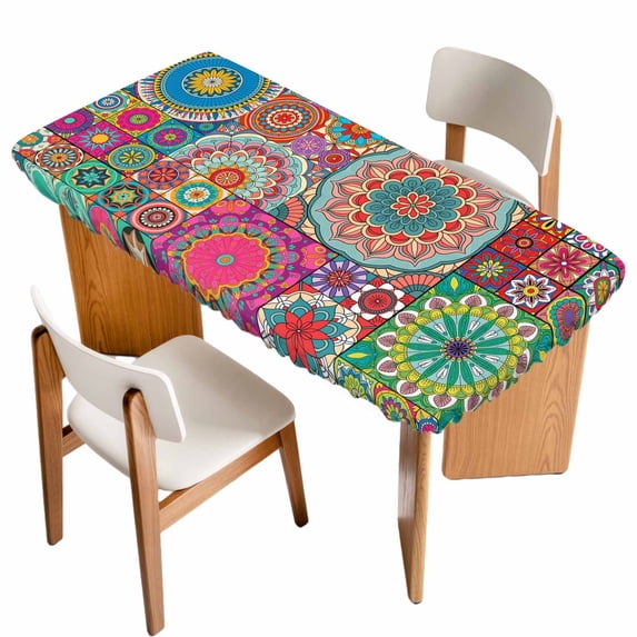 Colorful Ethnic Table Cloths for 5 Foot Rectangle Tables, National Modern Geometric Red Green Patio Waterproof Elastic Fitted Tablecloths, Washable Rectangular Table Cover for Camping