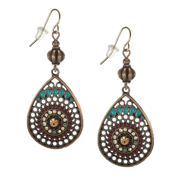 Colorful Ethnic Vintage Copper Teardrop Boho Handmade Statement Dangle Earrings – Nickel Free Hypoallergenic Earwires – Gift for Her