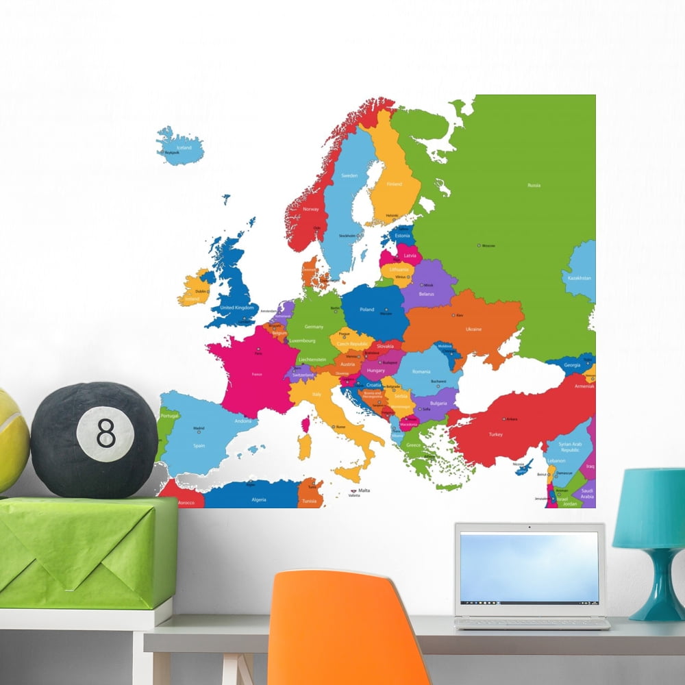 Colorful Europe Map with Wall Mural by Wallmonkeys Peel and Stick ...