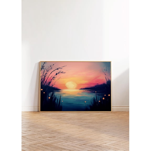 Colorful Evening Sunset Wall Art, Pastel Lake Scenery Print, Vibrant Sunshine Decor, Acrylic Illustration Poster, Sunset Scenery Decor Wall Art, Modern Wall Decor, 8x12 UNFRAMED