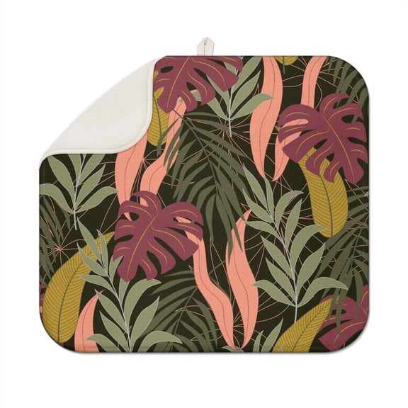 Colorful Exotic Dish Drying Mat – Hawaiian Tropical Leaf and Palm Leaf Pattern, Vibrant Retro Style