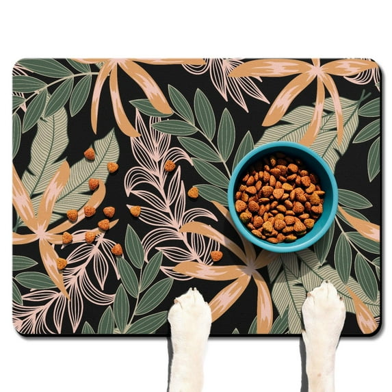 Colorful Exotic Dog Food Mat with Tropical Leaf and Jungle Leaves Designs – Waterproof, Absorbent Pet Feeding Mat for Palm Inspired and Beach Settings