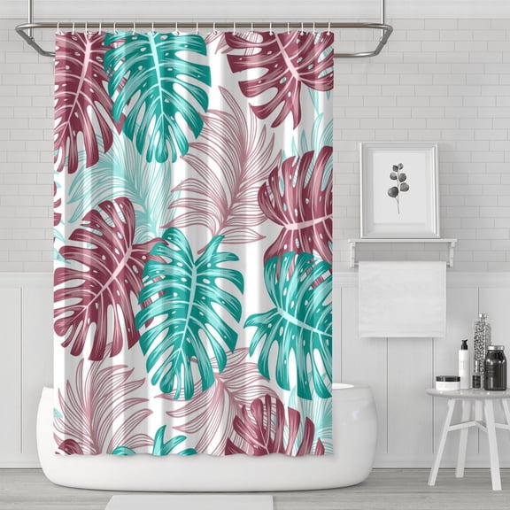 Colorful Exotic Tropical Leaf Shower Curtain, Waterproof Polyester with Hooks, Machine Washable Boho Bathroom Fabric, Botanical Palm Inspired Beach Vacation Style