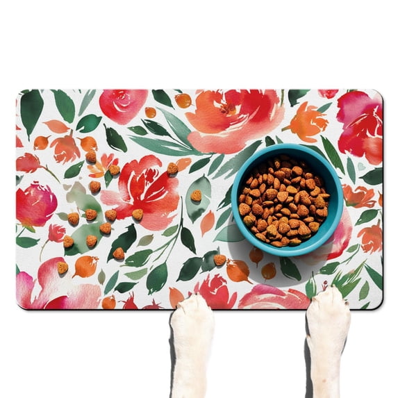 Colorful Extra Large Floral Dog Bowl Mat - Floral Print Pet Food Mat with Wildflower and Butterfly Illustration