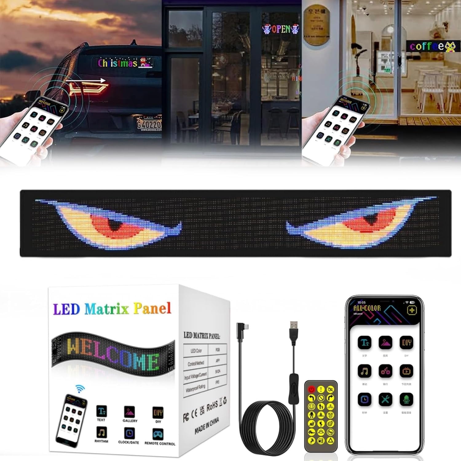 Colorful Eye Lamp Soft Screen for Car Windows, Scrolling LED Car Sign Programmable Flexible Matrix Screen Ultra-Thin Flexible BT LED Screen with APP Remote Control USB 5V DIY ﻿