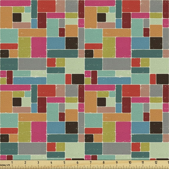 Ambesonne Colorful Fabric by the Yard Upholstery, Geometric Square Tiled, 1 Yard, Multicolor