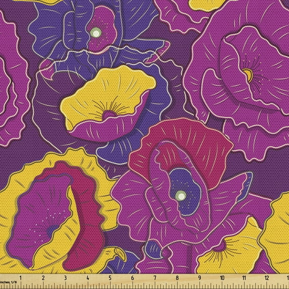 Colorful Fabric by the Yard, Meadow Rural Yard Pattern with Flourishing Poppies Vibrant Colored Petals, Upholstery Fabric for Dining Chairs Home Decor Accents, Multicolor by Ambesonne