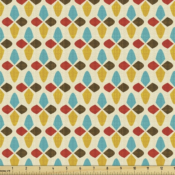 Colorful Fabric by the Yard, Ornamental Abstract Shapes with Lively Colors Weathered Looking Vintage Style Tile, Upholstery Fabric for Dining Chairs Home Decor Accents, Multicolor by Ambesonne