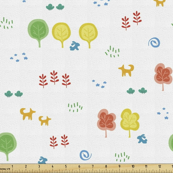 Ambesonne Colorful Fabric by the Yard Upholstery, Pastel Forest Rabbits Fox, 10 Yards, White Multicolor