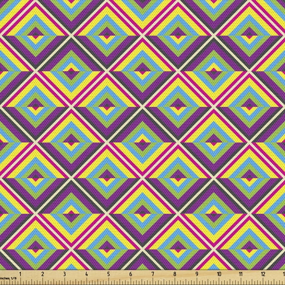 Colorful Fabric by the Yard, Rhombus Composition with Bullseye Pattern Geometric Arrangement Angled Stripes, Upholstery Fabric for Dining Chairs Home Decor Accents, Multicolor by Ambesonne